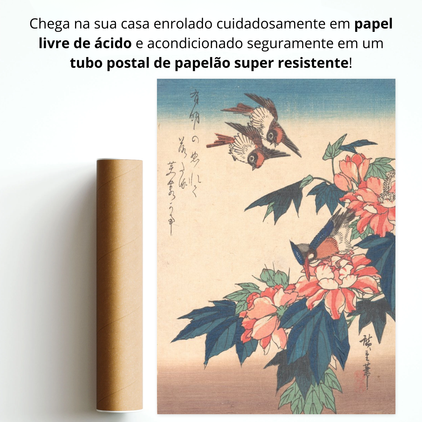 Andorinhas e Martim-pescador com Rose Mallows (紅蜀葵に燕と川蝉図)