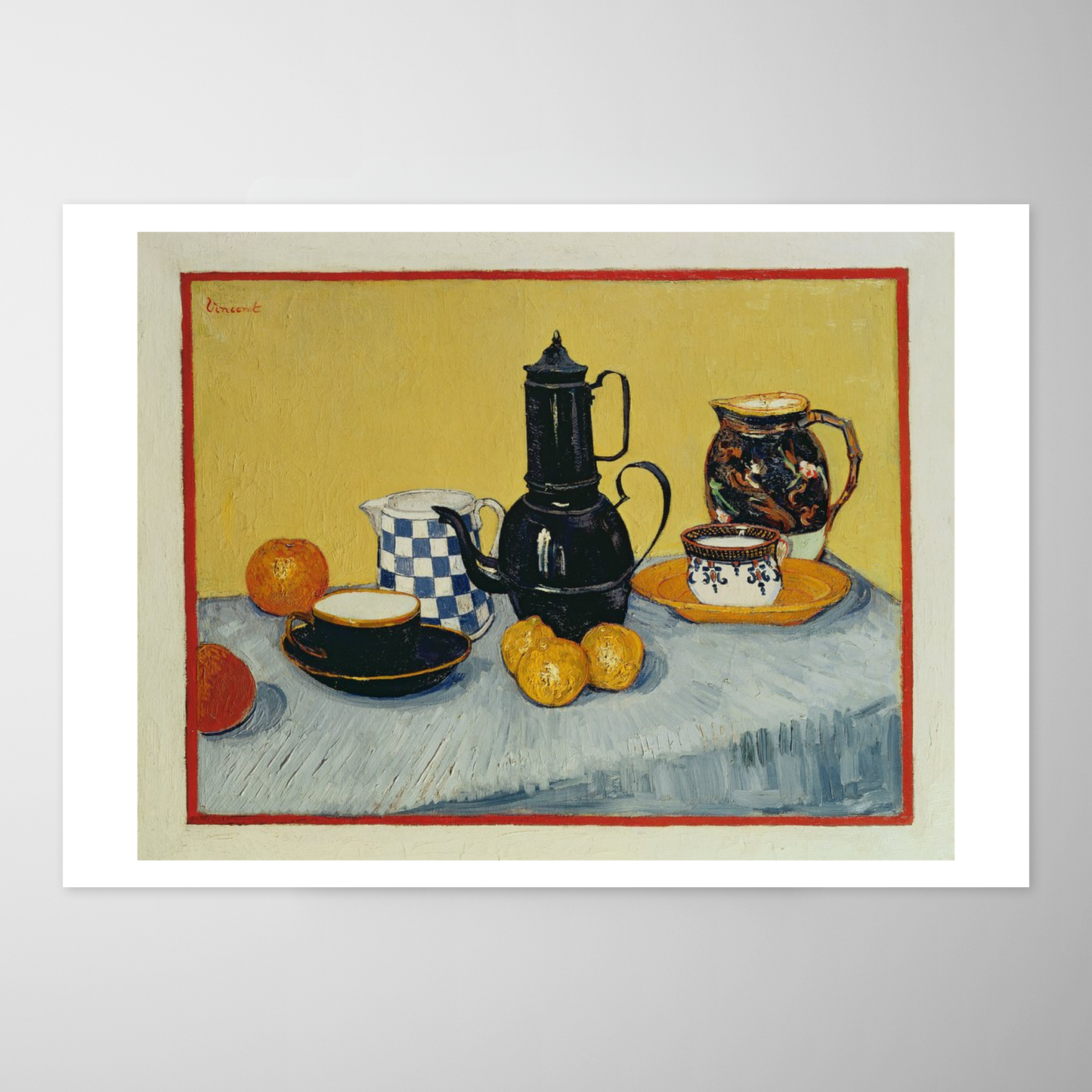 Coffeepot de esmalte azul, barro e frutas (Nature morte avec pot à café émaillé bleu, pot de terre et fruits)