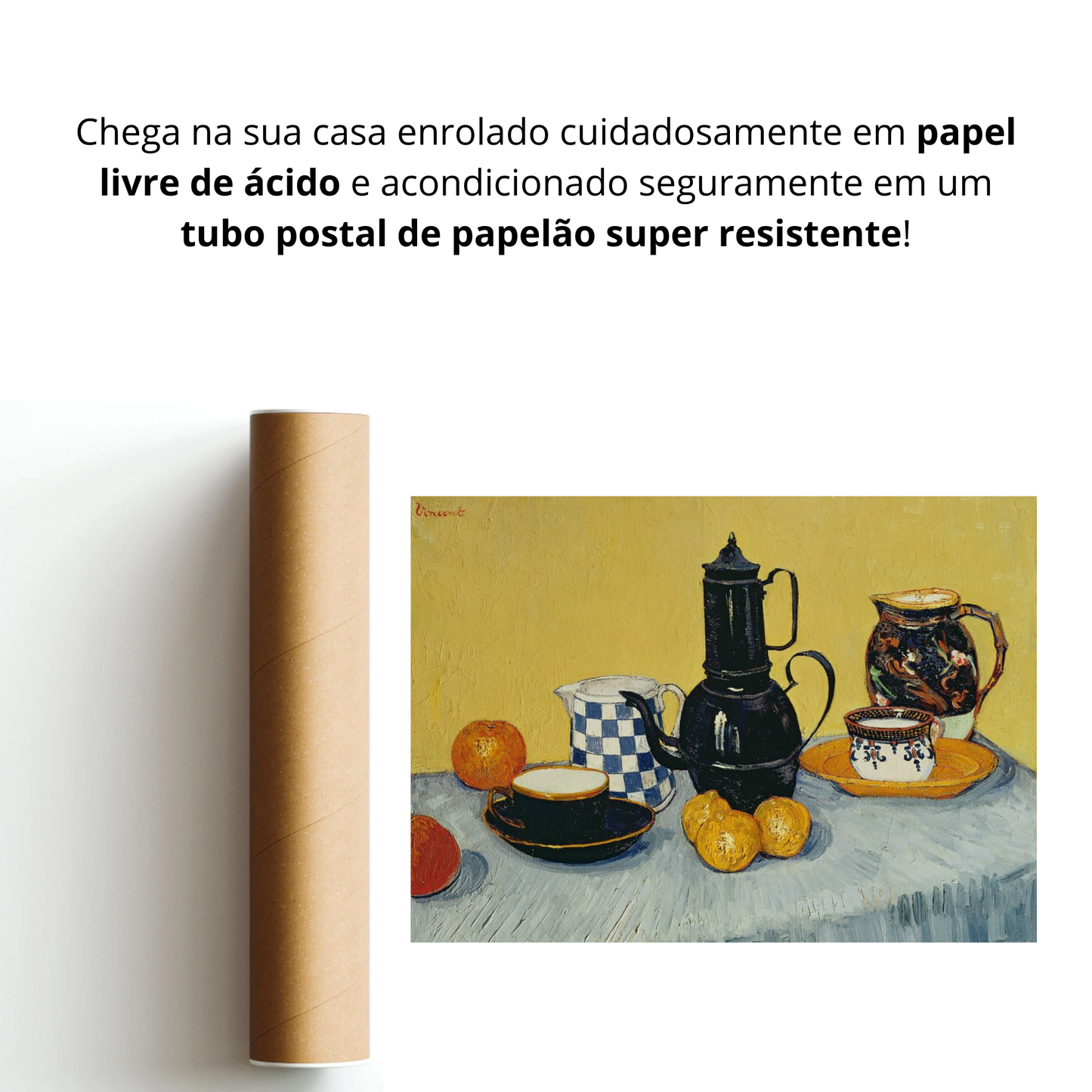 Coffeepot de esmalte azul, barro e frutas (Nature morte avec pot à café émaillé bleu, pot de terre et fruits)