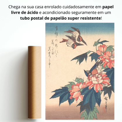 Andorinhas e Martim-pescador com Rose Mallows (紅蜀葵に燕と川蝉図)