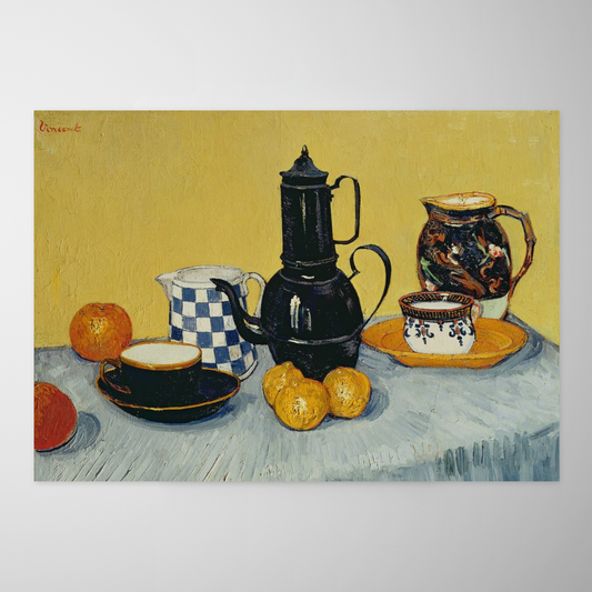 Coffeepot de esmalte azul, barro e frutas (Nature morte avec pot à café émaillé bleu, pot de terre et fruits)